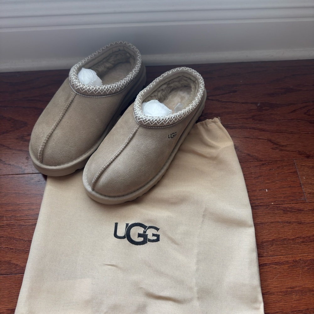 UGG Beige Slippers with Embroidered Trim